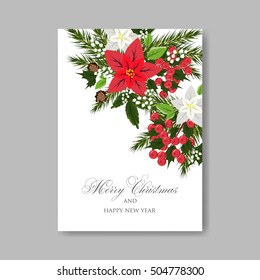 Poinsettia Wedding Invitation sample card beautiful winter floral ornament Christmas Party wreath poinsettia, pine branch fir tree, needle, mason jar bouquet Bridal shower ribbon template wording