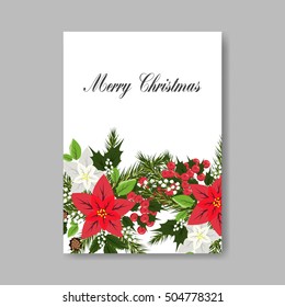 Poinsettia Wedding Invitation sample card beautiful winter floral ornament Christmas Party wreath poinsettia, pine branch fir tree, needle, mason jar bouquet Bridal shower ribbon template wording