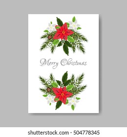Poinsettia Wedding Invitation sample card beautiful winter floral ornament Christmas Party wreath poinsettia, pine branch fir tree, needle, mason jar bouquet Bridal shower ribbon template wording