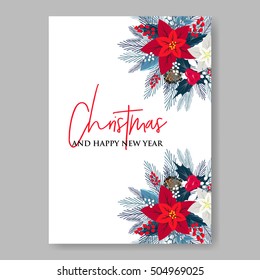 Poinsettia Wedding Invitation sample card beautiful winter floral ornament Christmas Party wreath poinsettia, pine branch fir tree, needle, flower bouquet Bridal shower ribbon template wording