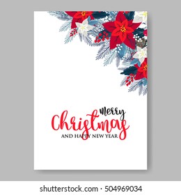 Poinsettia Wedding Invitation sample card beautiful winter floral ornament Christmas Party wreath poinsettia, pine branch fir tree, needle, flower bouquet Bridal shower ribbon template wording