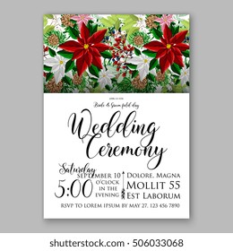 Poinsettia Wedding Invitation sample card beautiful winter floral ornament Christmas Party wreath poinsettia, pine branch fir tree, needle, flower bouquet Bridal shower ribbon template wording