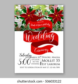 Poinsettia Wedding Invitation sample card beautiful winter floral ornament Christmas Party wreath poinsettia, pine branch fir tree, needle, flower bouquet Bridal shower ribbon template wording
