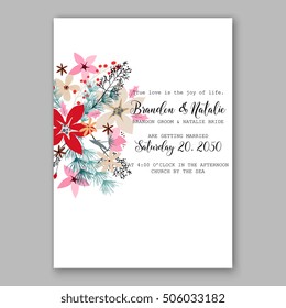 Poinsettia Wedding Invitation sample card beautiful winter floral ornament Christmas Party wreath poinsettia, pine branch fir tree, needle, flower bouquet Bridal shower ribbon template wording