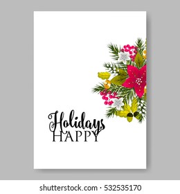 Poinsettia Wedding Invitation sample card beautiful winter floral ornament Christmas Party wreath poinsettia, pine branch fir tree, needle, flower bouquet Bridal shower ribbon template wording