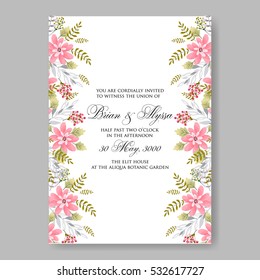 Poinsettia Wedding Invitation sample card beautiful winter floral ornament Christmas Party wreath poinsettia, pine branch fir tree, needle, flower bouquet Bridal shower ribbon template wording