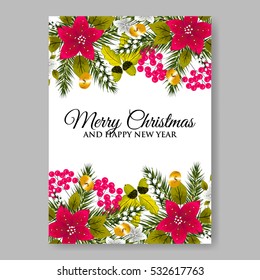 Poinsettia Wedding Invitation sample card beautiful winter floral ornament Christmas Party wreath poinsettia, pine branch fir tree, needle, flower bouquet Bridal shower ribbon template wording