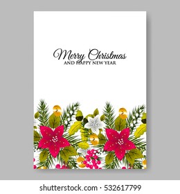 Poinsettia Wedding Invitation sample card beautiful winter floral ornament Christmas Party wreath poinsettia, pine branch fir tree, needle, flower bouquet Bridal shower ribbon template wording