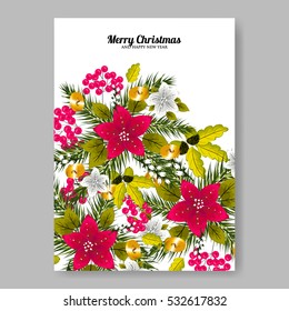 Poinsettia Wedding Invitation sample card beautiful winter floral ornament Christmas Party wreath poinsettia, pine branch fir tree, needle, flower bouquet Bridal shower ribbon template wording