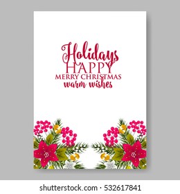 Poinsettia Wedding Invitation sample card beautiful winter floral ornament Christmas Party wreath poinsettia, pine branch fir tree, needle, flower bouquet Bridal shower ribbon template wording