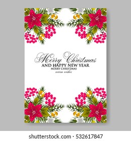 Poinsettia Wedding Invitation sample card beautiful winter floral ornament Christmas Party wreath poinsettia, pine branch fir tree, needle, flower bouquet Bridal shower ribbon template wording