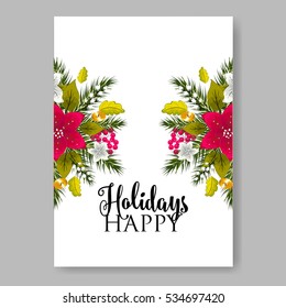 Poinsettia Wedding Invitation sample card beautiful winter floral ornament Christmas Party wreath poinsettia, pine branch fir tree, needle, flower bouquet Bridal shower ribbon template wording