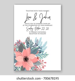 Poinsettia Wedding Invitation sample card beautiful winter floral ornament Christmas Party wreath poinsettia, pine branch fir tree, needle, flower bouquet Bridal shower ribbon template wording