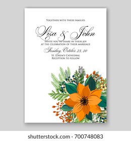 Poinsettia Wedding Invitation sample card beautiful winter floral ornament Christmas Party wreath poinsettia, pine branch fir tree, needle, flower bouquet Bridal shower ribbon template wording