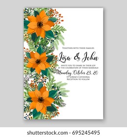 Poinsettia wedding invitation template for winter floral wreath marriage party 