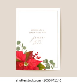 Poinsettia Winter Floral Card, Christmas Vector Wedding Invitation. Holiday Party greeting banner template. Realistic 3d Flowers Illustration Frame, New Year flyer, brochure, cover