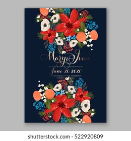 Poinsettia winter Wedding Invitation template card beautiful floral ornament Christmas Party wreath of poinsettia, mandarin, pine branch flower bouquet Bridal shower complimentary template wording