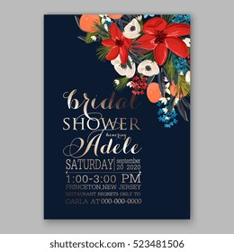 Poinsettia winter Wedding Invitation template card beautiful floral ornament Christmas Party wreath of poinsettia, mandarin, pine branch flower bouquet Bridal shower complimentary template wording