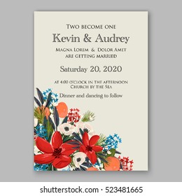 Poinsettia winter Wedding Invitation template card beautiful floral ornament Christmas Party wreath of poinsettia, mandarin, pine branch flower bouquet Bridal shower complimentary template wording