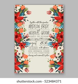 Poinsettia winter Wedding Invitation template card beautiful floral ornament Christmas Party wreath of poinsettia, mandarin, pine branch flower bouquet Bridal shower 