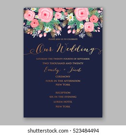 Poinsettia winter Wedding Invitation template card beautiful floral ornament Christmas Party wreath of poinsettia, mandarin, pine branch flower bouquet Bridal shower 