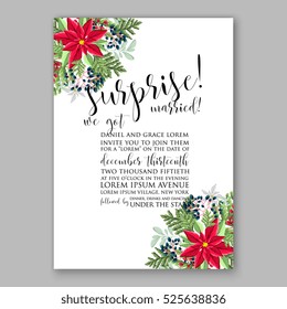 Poinsettia winter Wedding Invitation template card beautiful floral ornament Christmas Party wreath of poinsettia, mandarin, pine branch flower bouquet Bridal shower