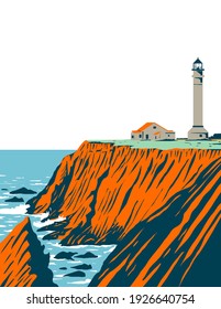 Point Arena Lighthouse in Mendocino County Located in California Coastal National Monument Coast of California WPA Poster Art