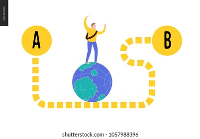 From point A to point B problem, a transportation concept - a young male traveller walking on the globe by the dashed curved way