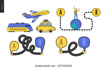 From point A to point B set of transportation planning concept - airplane, train timetable graphics, taxi service, city road map, train timetable, young male traveller walking on globe by curved way