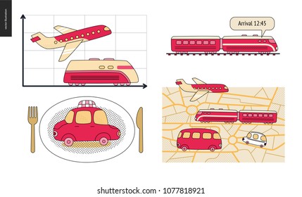 From point A to point B a set of transportation planning concept - airplane and train timetable graphics, taxi service, city road map, train timetable