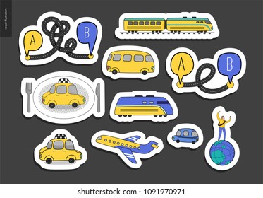 From point A to point B a sticker set of transportation planning concept - airplane and train timetable graphics, taxi service, city road map, train timetable