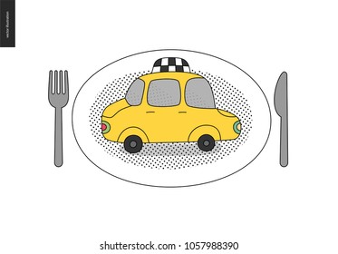 From point A to point B - a taxi yellow cab on the plate with cutlery - fork and knife - a concept of transportation service