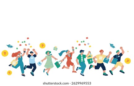 Campanha de ponto: ilustrações desenhadas à mão de pessoas felizes com presentes e compras