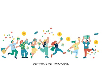Campanha de ponto: ilustrações desenhadas à mão de pessoas felizes com presentes e compras