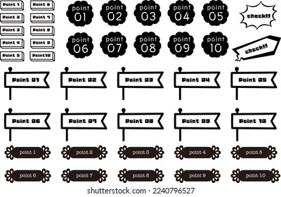 Point and check design parts icons for blogs and videos. Simple, monochrome design.
