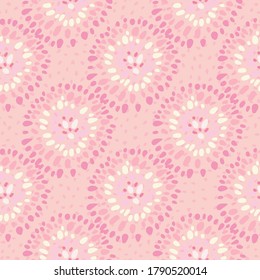 Point circles african seamless doodle pattern. Wild national ornament in pink and white palette. Designed for wallpaper, textile, wrapping paper, fabric print. Vector illustration.