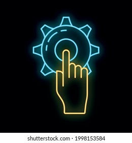 Point click setting gear online technology icon neon glow style, setup online database cloud outline flat vector illustration, isolated on white. Concept web tool info, remote server data retrieval.