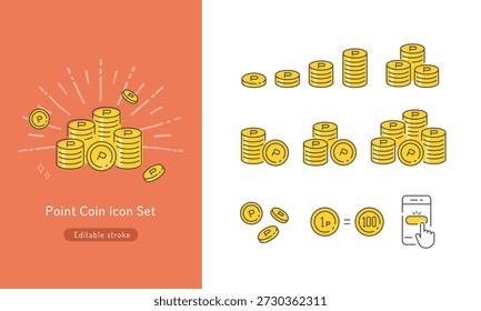 Point Coin Icon Set mit editierbarem Strich für Belohnung, Zahlung und Loyalität System (Vektor)