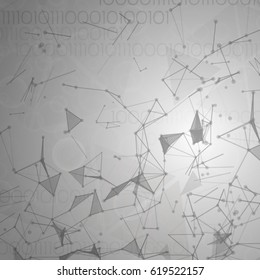 Point connected by a line to the network. Monochrome plexus abstract objects on a gray background