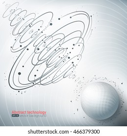 Point and curve constructed the sphere wire frame, technological sense abstract illustration. 3d geometric vector background for business or science presentation. 