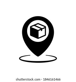 Point of delivery location vector icon. Shop order delivery, package and location pin, racking box, receive postal parcel, pick up point. Vector flat cartoon illustration for web sites