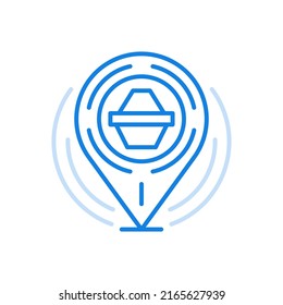 Point of delivery shopping vector line icon. Navigational road pointer for courier on electronic map. Teardrop symbol with box in center. Web commerce retail with exact customer location.