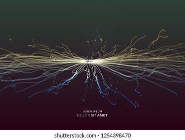 Point explode. Array with dynamic emitted particles. 3d technology style. Abstract background. Vector illustration.  