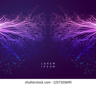 Point explode. Array with dynamic emitted particles. 3d technology style. Abstract background. Vector illustration.  