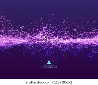 Point explode. Array with dynamic emitted particles. 3d technology style. Abstract background. Vector illustration.  