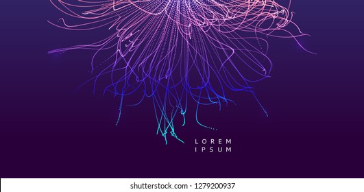 Point explode. Array with dynamic emitted particles. 3d technology style. Abstract background. Vector illustration.