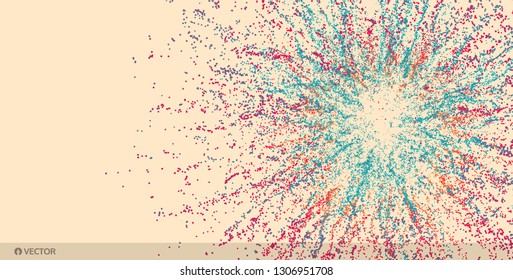 Point explode. Array with dynamic emitted particles. 3d technology style. Abstract background. Vector illustration.