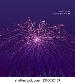 Point explode. Array with dynamic emitted particles. 3d technology style. Abstract background. Vector illustration