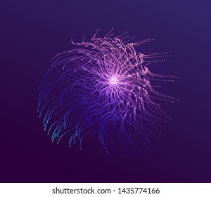 Point explode. Array with dynamic emitted particles. 3d technology style. Abstract background. Vector illustration