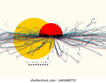 Point explode. Array with dynamic emitted particles. 3d vector composition for invitation, cover, poster, flyer or banner.